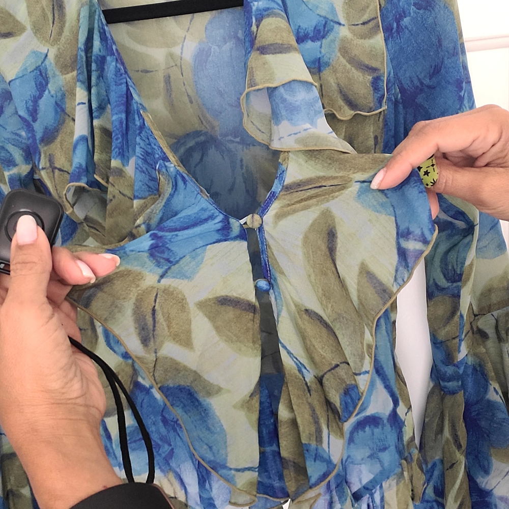 RONNY KOBO, Blue & Olive Floral Ruffle Wrap Blouse - Picture 7 of 11